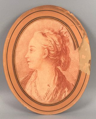 a red and white portrait of a woman in profile