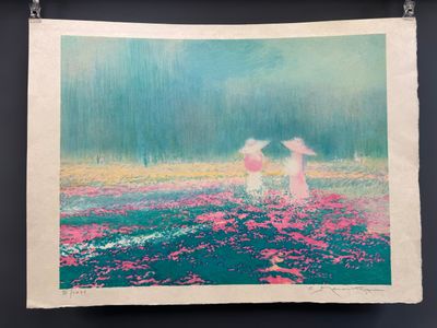 une image représentant un tableau où l'on voit deux personnes se promenant dans un champ de fleurs