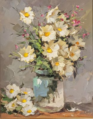 a painting of flowers in a vase on a table
