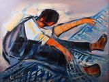 une peinture à l'huile représentant un homme assis sur un ordinateur portable