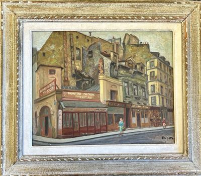 tableau représentant une scène de rue avec des bâtiments et une femme marchant dans la rue