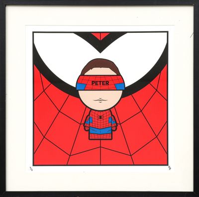 spider - man art print with a red background and a black frame