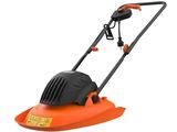 a lawn mower with an orange handle and black wheels