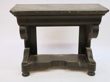an old wooden table with a marble top on a white background