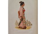 an antique print of a woman in a pink kimono