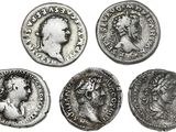 six ancient roman coins with heads and busts on them