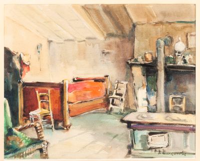 un tableau représentant un salon avec des meubles et une cheminée