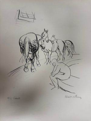 dessin représentant un groupe de chevaux tirant un homme dans une calèche