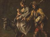 une image représentant un tableau où l'on voit un homme transportant un bébé sur un âne