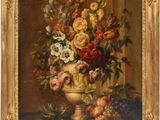 une peinture à l'huile représentant des fleurs dans un vase sur une table