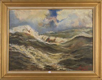une image représentant un tableau où l'on voit des vagues déferler sur le rivage