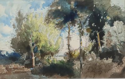 a watercolor painting of some trees in a field