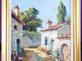 une peinture à l'huile représentant une rue avec une maison et des arbres en arrière-plan