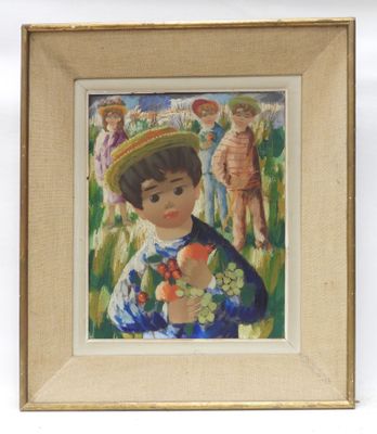 tableau représentant un jeune garçon coiffé d'un chapeau de paille et tenant un bouquet de fleurs
