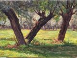 painting of two trees in a field with grass and trees in the background