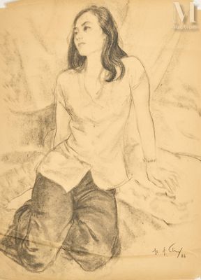 dessin au crayon représentant une femme assise sur un lit, les jambes croisées