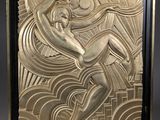 a close up of a sculpture of a woman on a surfboard