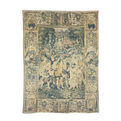 une tapisserie ancienne représentant un groupe de personnes dans un jardin