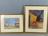 two framed paintings of a street scene and a cafe at night