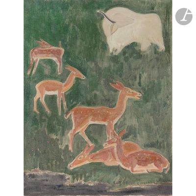 an image of a painting of deer and other animals in a field