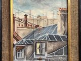 une peinture à l'huile représentant un bâtiment avec une tour horloge en arrière-plan