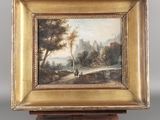 tableau représentant un paysage avec un homme et un chien sur un sentier