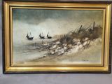 an image of a painting of a beach scene with boats in the water