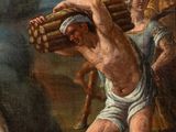 an image of a painting of a man on a horse being carried by a group of men