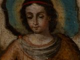 an old painting of a woman holding a bird in her hand