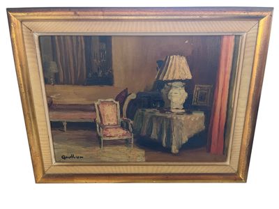 tableau représentant un salon avec une lampe et une chaise