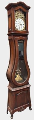 a wooden grandfather clock with a glass case on top of it
