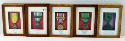 four framed military medals displayed in wooden frames on a white surface