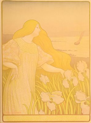 une image représentant un tableau où l'on voit une femme dans un champ de fleurs
