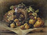 tableau représentant une corbeille de fruits, avec des raisins et des poires, posée sur une table