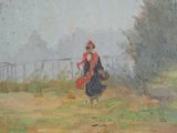 painting of a woman walking in a field with a red scarf around her neck