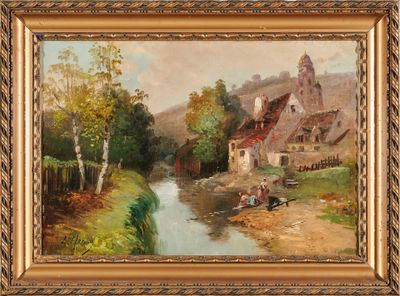 une image représentant un tableau illustrant une scène de village avec une rivière au premier plan