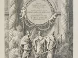 une ancienne gravure représentant une statue d'un homme et de deux femmes sur une estrade