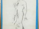 an old drawing of a man standing in front of a blue background