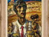 une peinture à l'huile représentant un homme en costume-cravate avec un oiseau sur l'épaule
