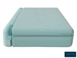 an image of a blue plastic lunch box with a lid