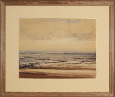 an image of a painting of a beach scene with a boat in the distance
