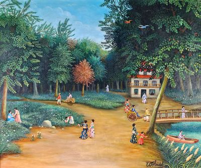 un tableau représentant des personnes sur un sentier dans un parc