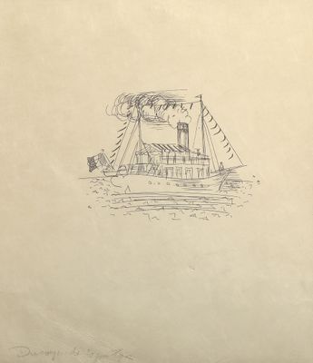 dessin représentant un bateau sur l'eau avec un homme debout dessus