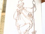 a drawing of a man with a scythe on a page
