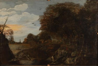 peinture d'un paysage avec une rivière et un château au loin
