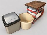 two buckets and a trash can sitting next to each other