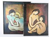 deux tableaux représentant un homme et une femme assis sur un canapé