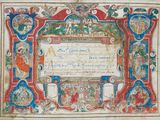 un vieux manuscrit sur lequel figure l'image d'un homme et d'une femme