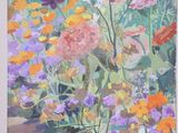 an oil painting of a garden with colorful flowers in the foreground