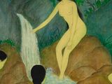 a painting of a group of people playing in the water